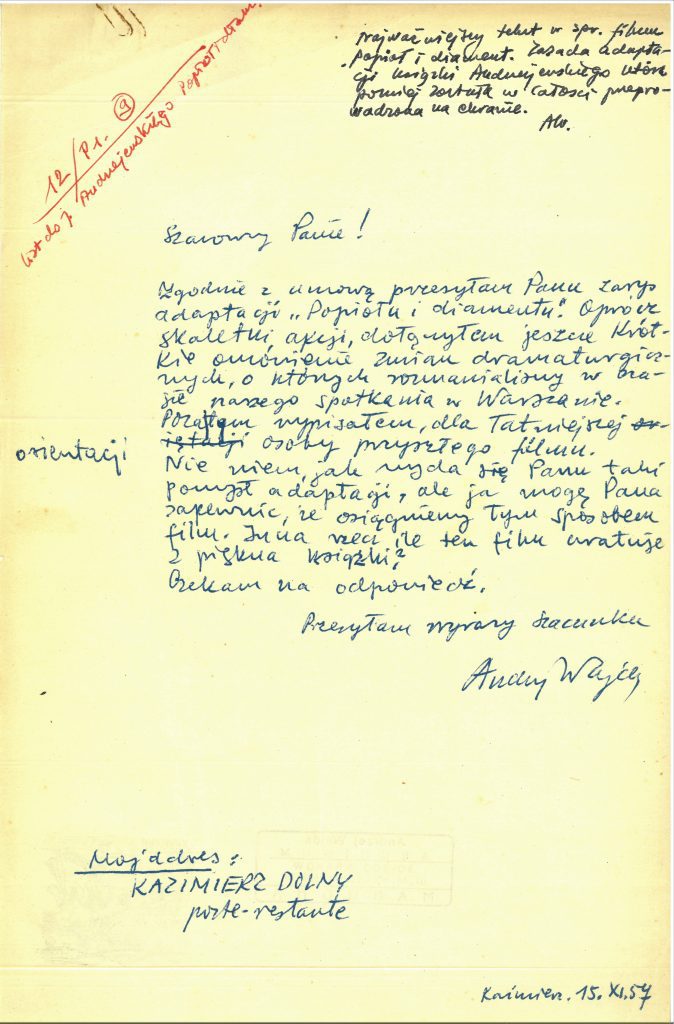 List A. Wajdy do Jerzego Andrzejewskiego, Kazimierz Dolny 15 XI 1957