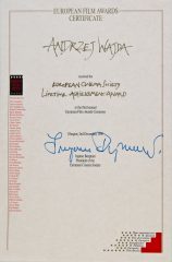 Certyfikat Europejskiej Nagrody Filmowej dla Andrzeja Wajdy z autografem Ingmara Bergmana.